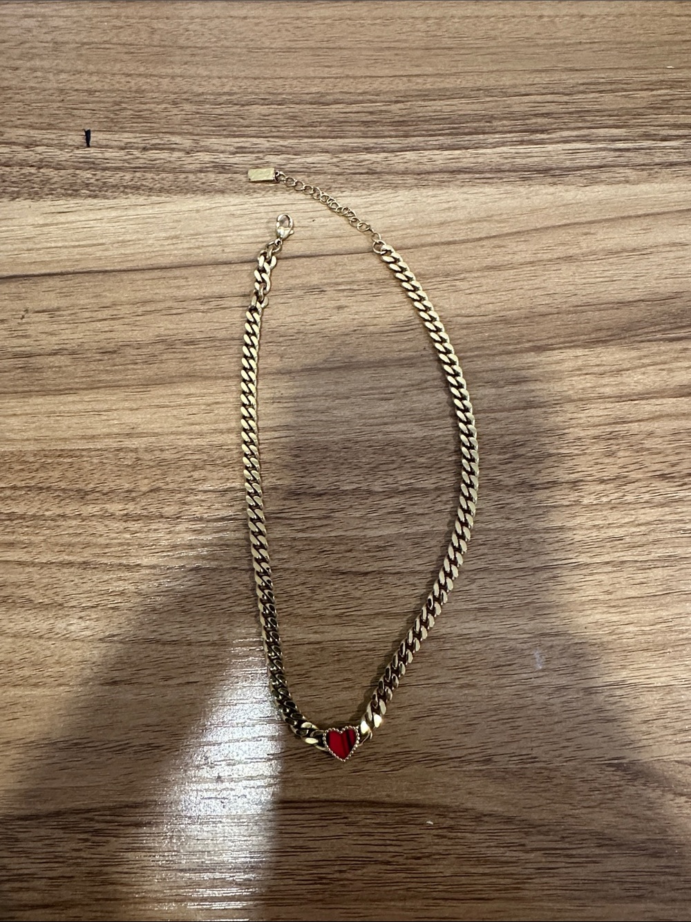 Gold-Tone Chain Necklace with Red Heart Pendant